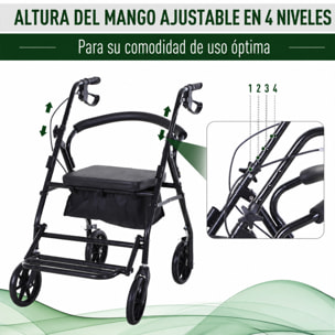 HOMCOM Andador para Ancianos Plegable, Andadores Adultos para Personas Mayores con Asiento Acolchado y 4 Ruedas, Mango Ergonómico Ajustable en Altura, Frenos de Maneta, Cesta, Reposapiés, Negro