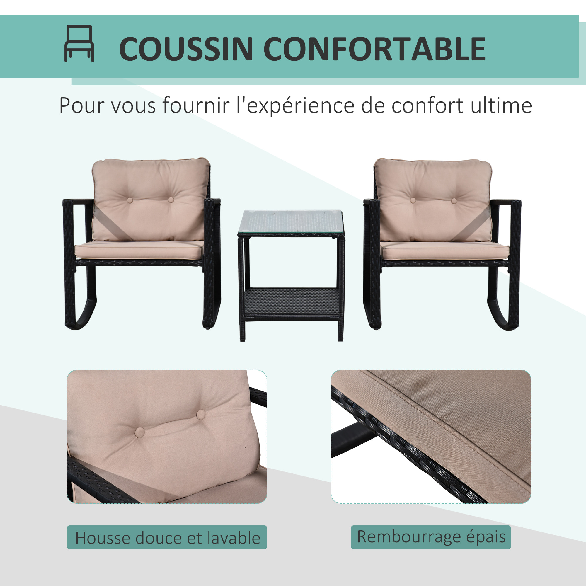 Ensemble de jardin 3 pièces style colonial 2 fauteuils à bascule avec coussins marron table basse étagère métal époxy résine tressée 4 fils noir