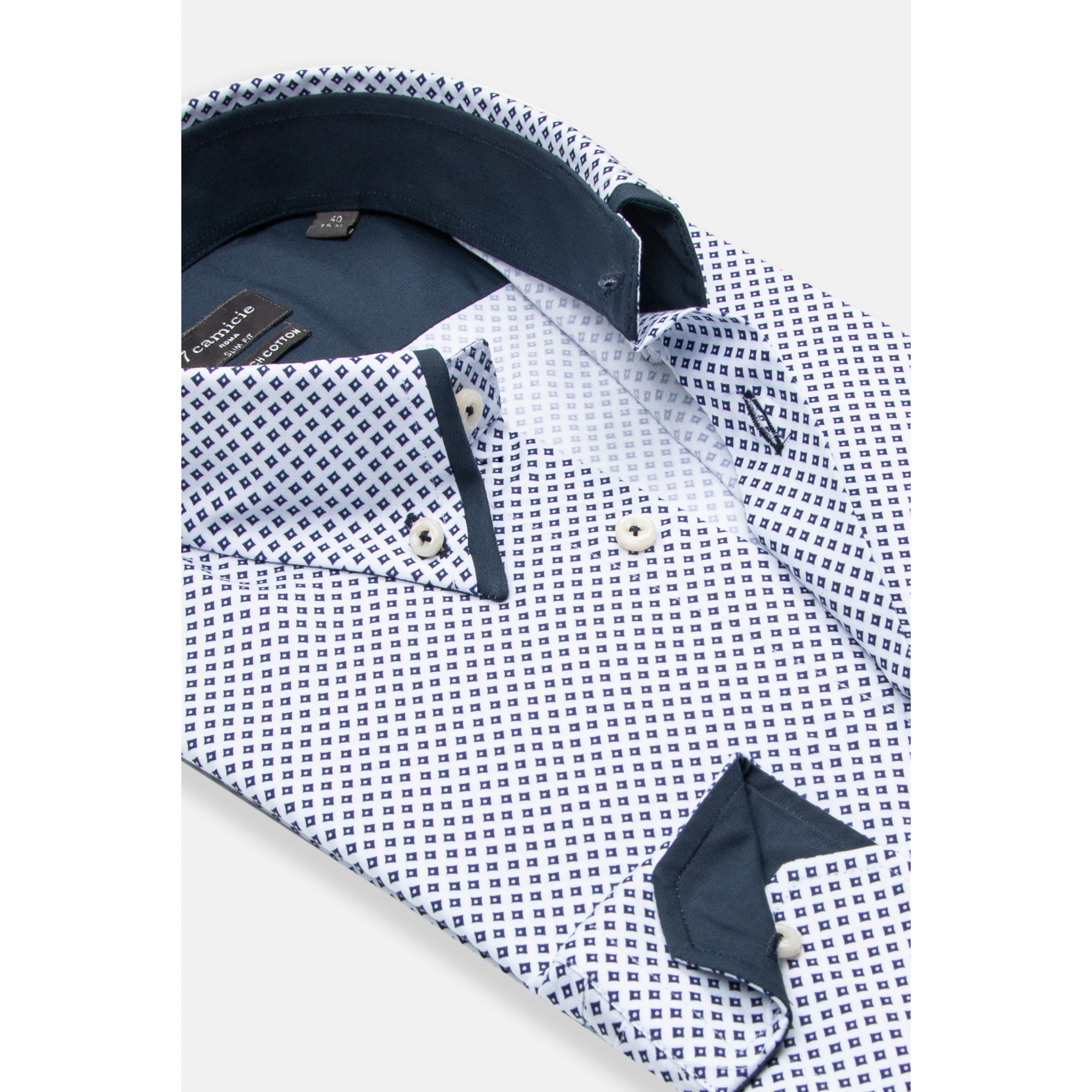 Camicia Uomo 2 Bottoni Button Down Doppio Coll Popeline Stretch Stampato Bianco e Blu