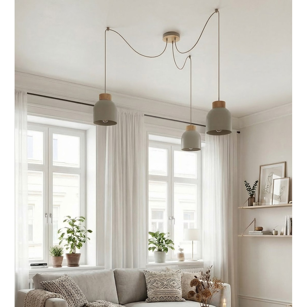 Lampada a sospensione KRU in acciaio beige e legno naturale