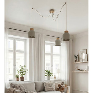 Lampada a sospensione KRU in acciaio beige e legno naturale