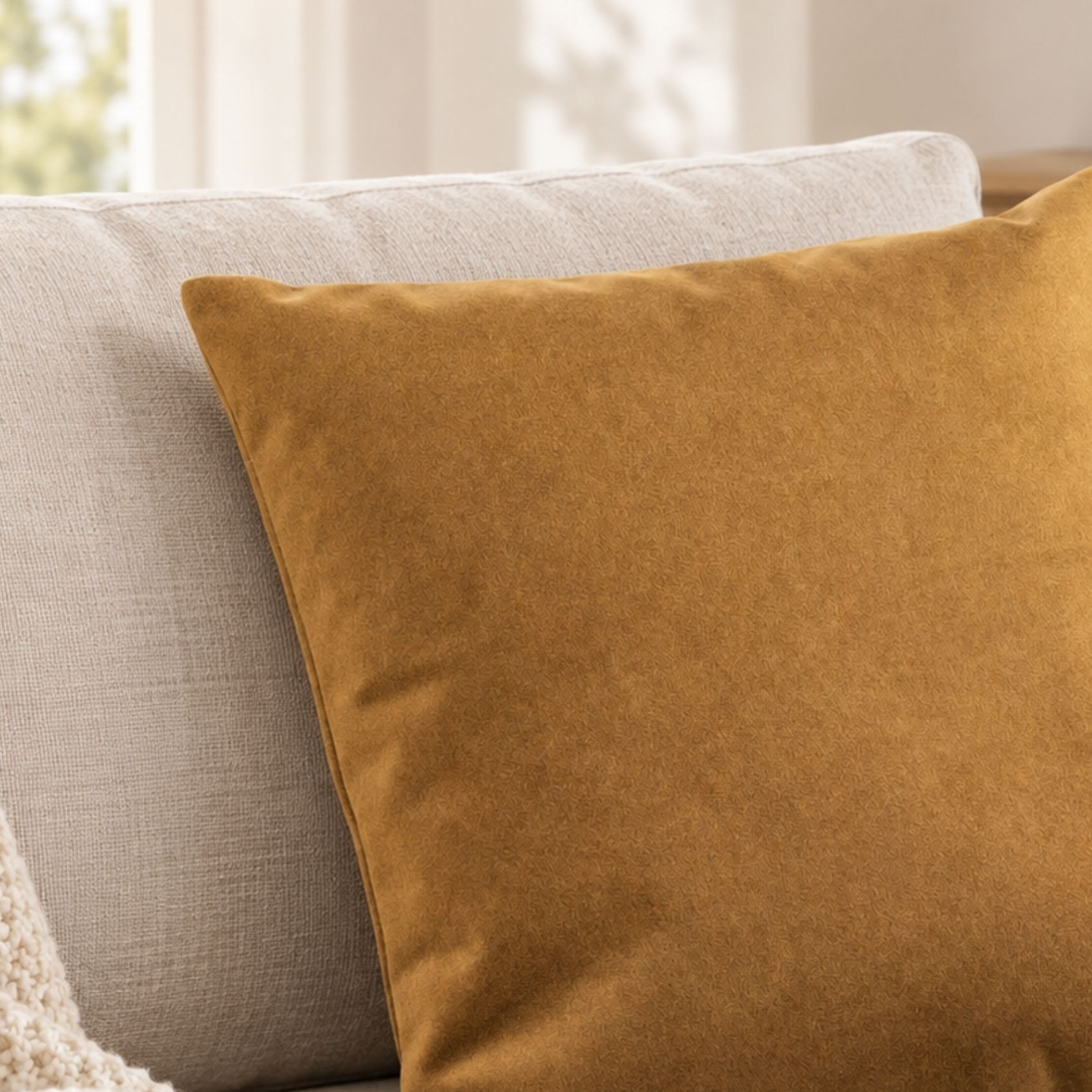 Coussin velours  - Effet peau de pêche - Jaune moutarde