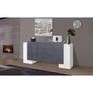 Credenza moderna a 2 ante e 3 cassetti, Made in Italy, Madia da cucina, Buffet di design da soggiorno, cm 210x45h85, colore Bianco lucido e Grigio Cenere