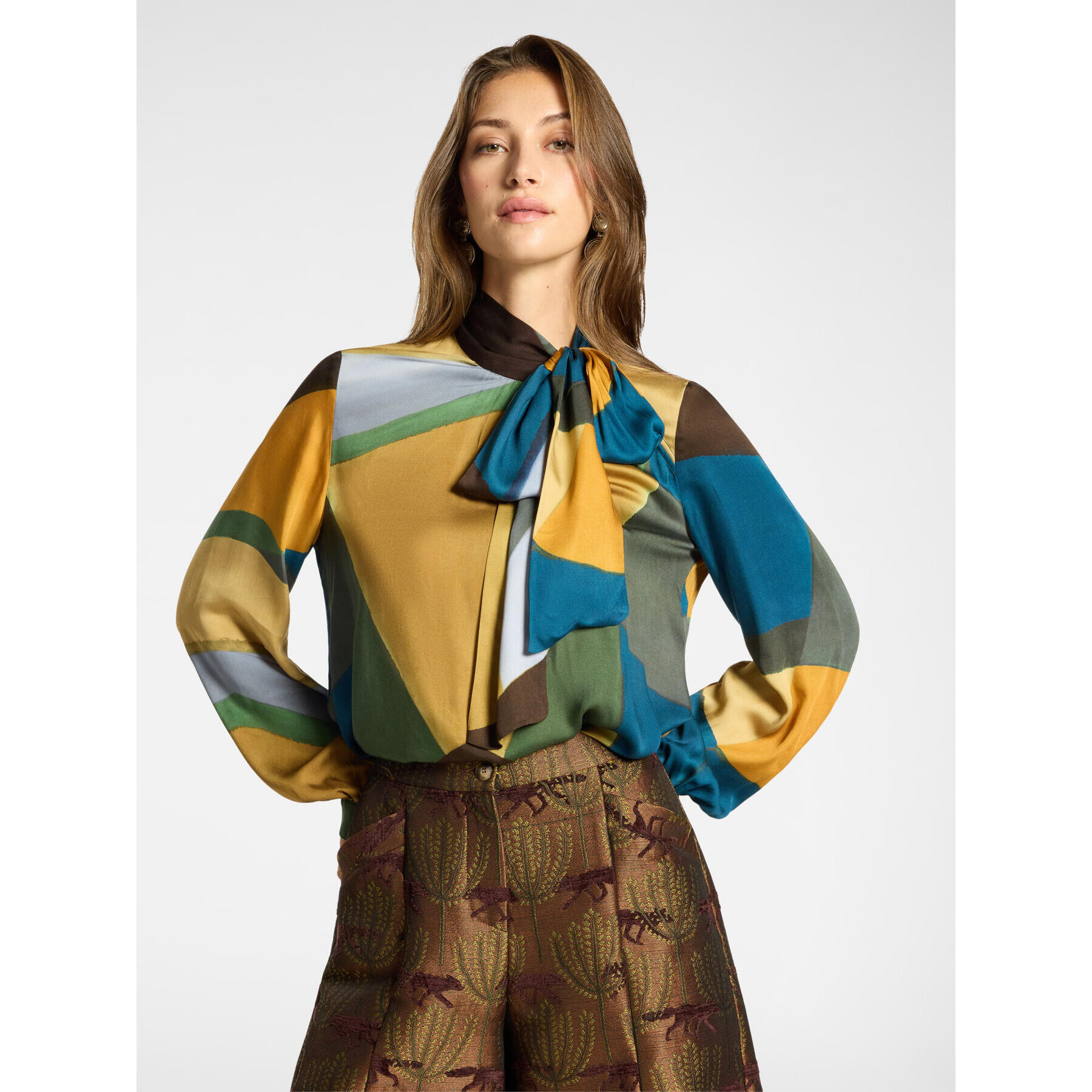 Elena Mirò - Blusa in raso stampato con fiocco - Giallo