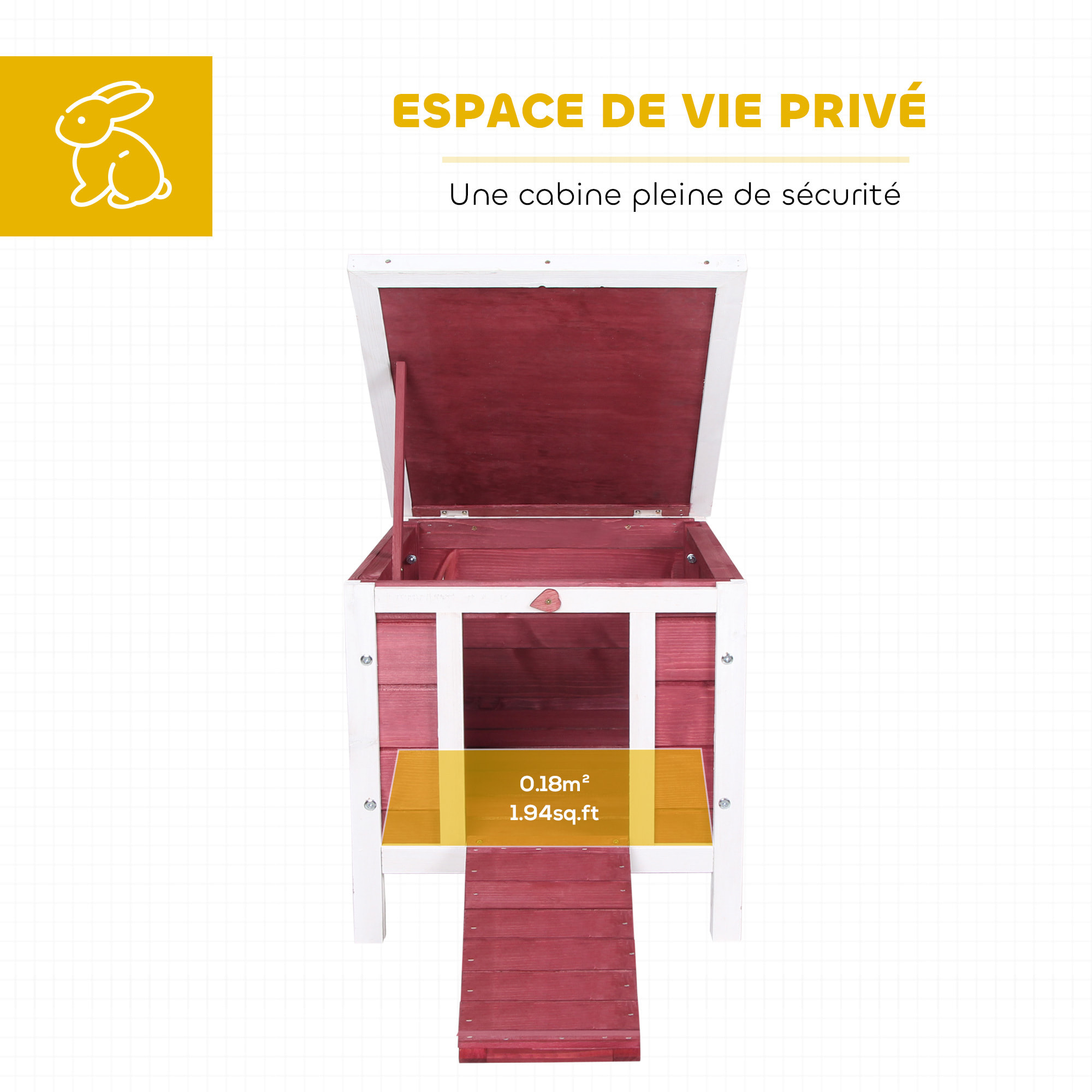 Clapier lapin niche sur pied - rampe porte verrouillable, toit ouvrant bitumé incliné - bois rouge blanc
