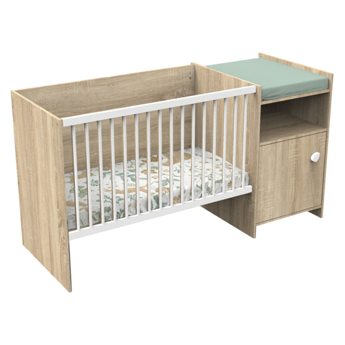 Lit bébé combiné 120x60 évolutif en 90x190 en décor bois avec commode à langer 1 porte