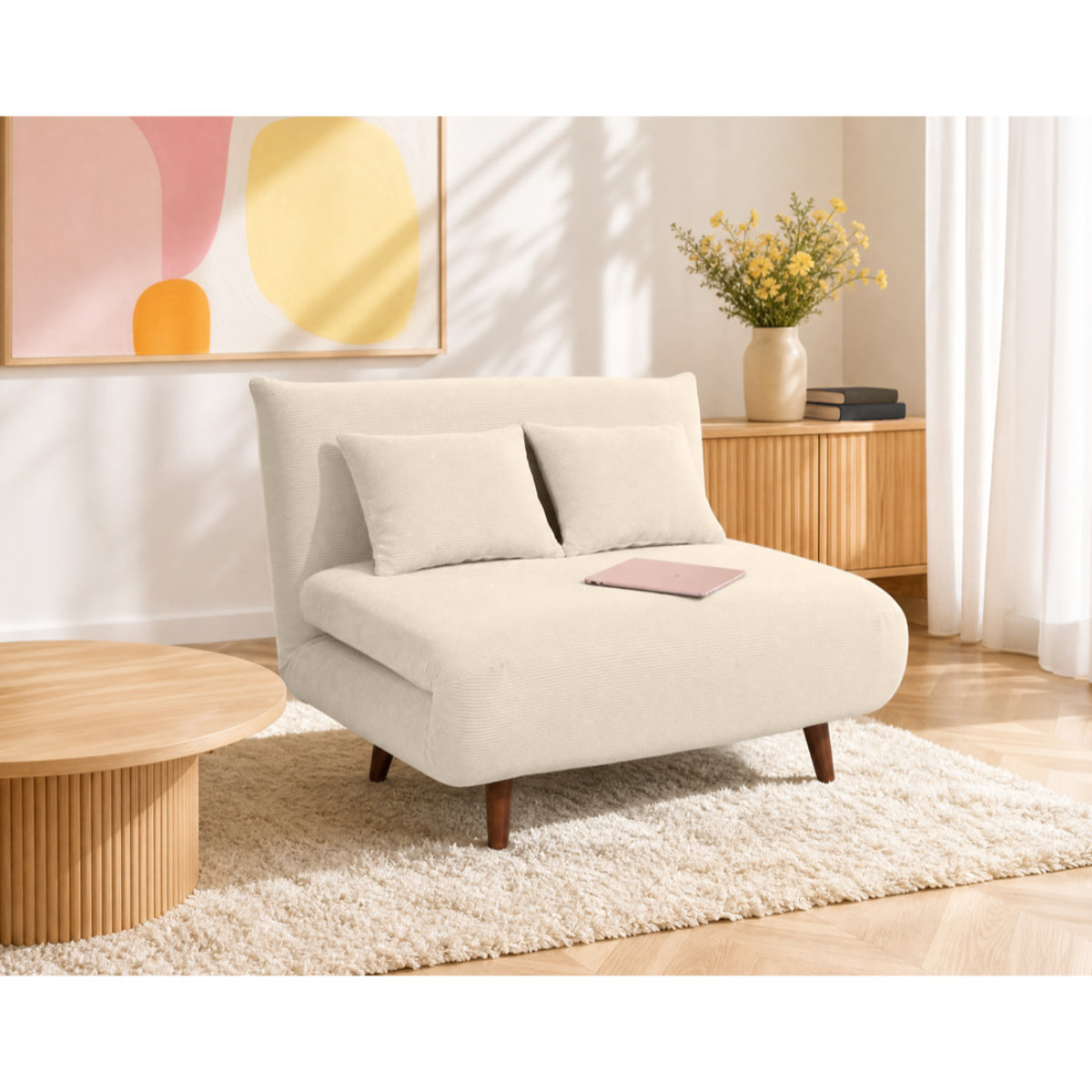 Lumi - Banquette convertible clic-clac 1 place en velours côtelé - Beige