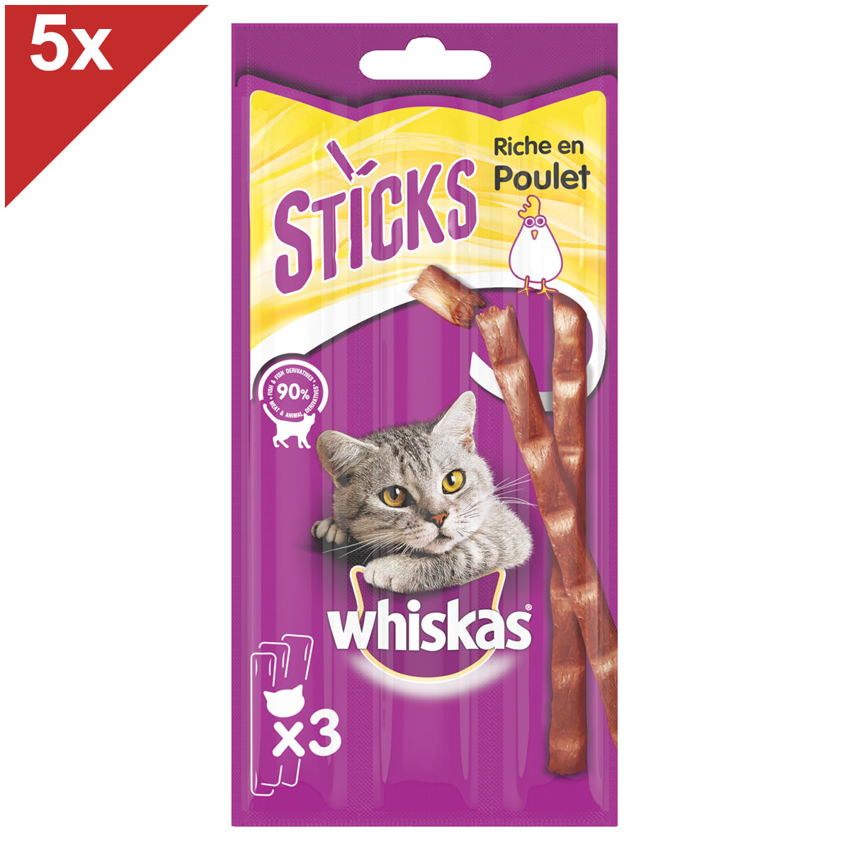 WHISKAS Friandises sticks au poulet pour chat (5x18g)