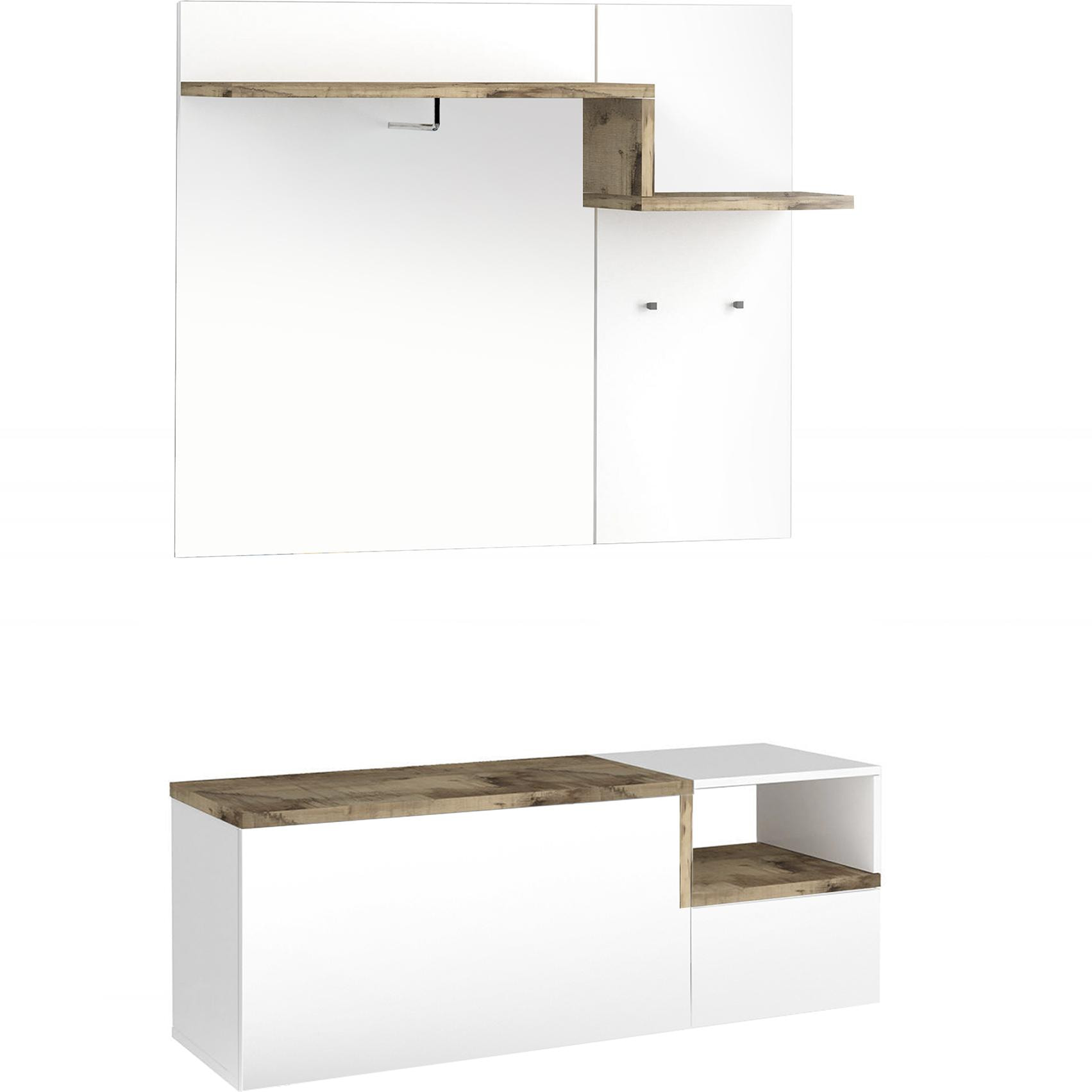 Mobile da ingresso, Made in Italy, Entratina con appendiabiti, Scarpiera, cm 120x40h54, colore Bianco lucido e Acero