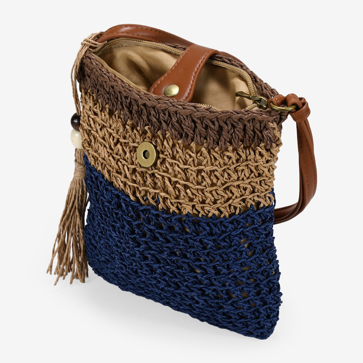 Bolso bandolera azul en rafia con cremallera