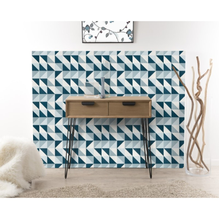 MARGAUX - Console bois naturel 2 tiroirs pieds épingles métal noir