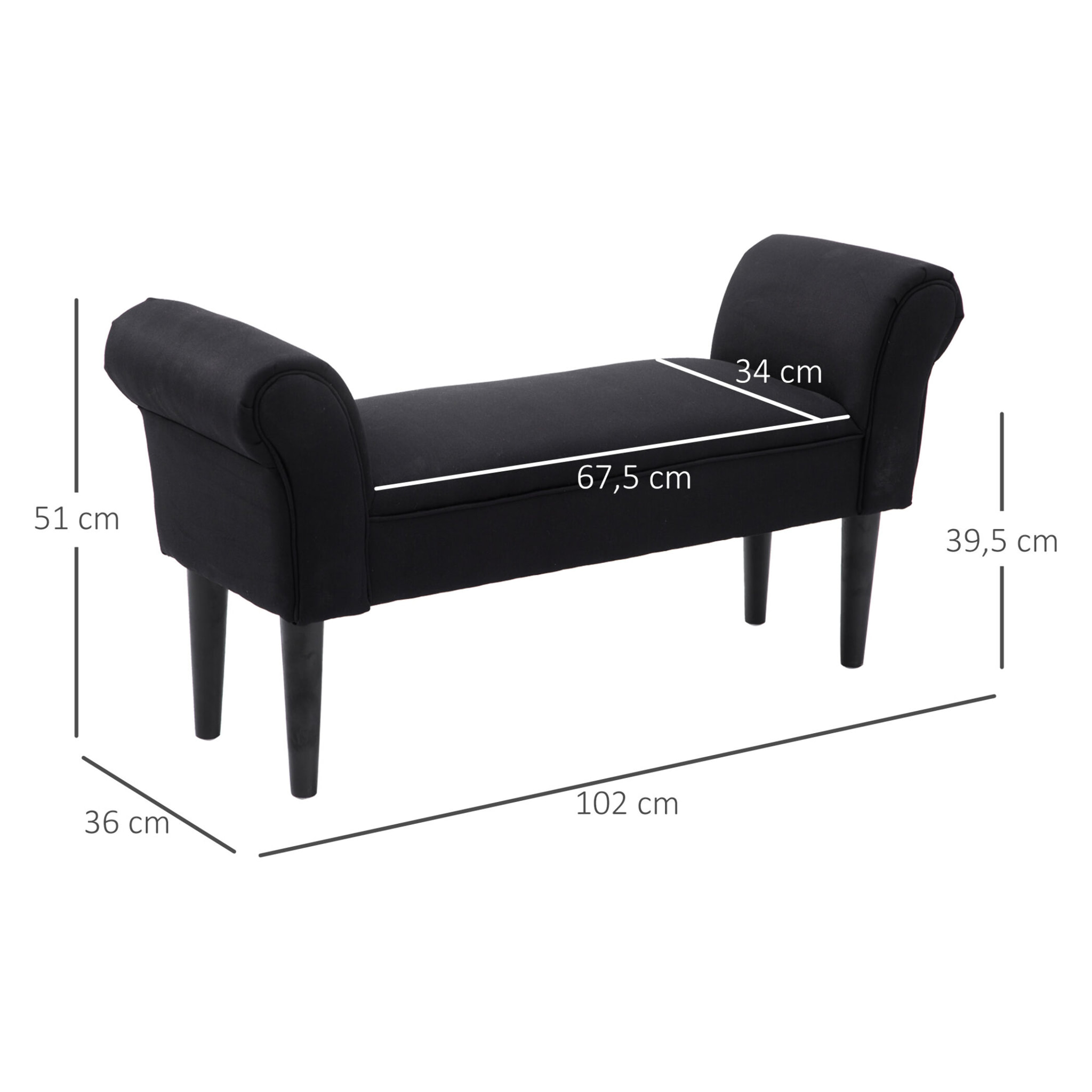 Taburete Pie de Cama con Brazos de Madera 102x31x51cm Negro