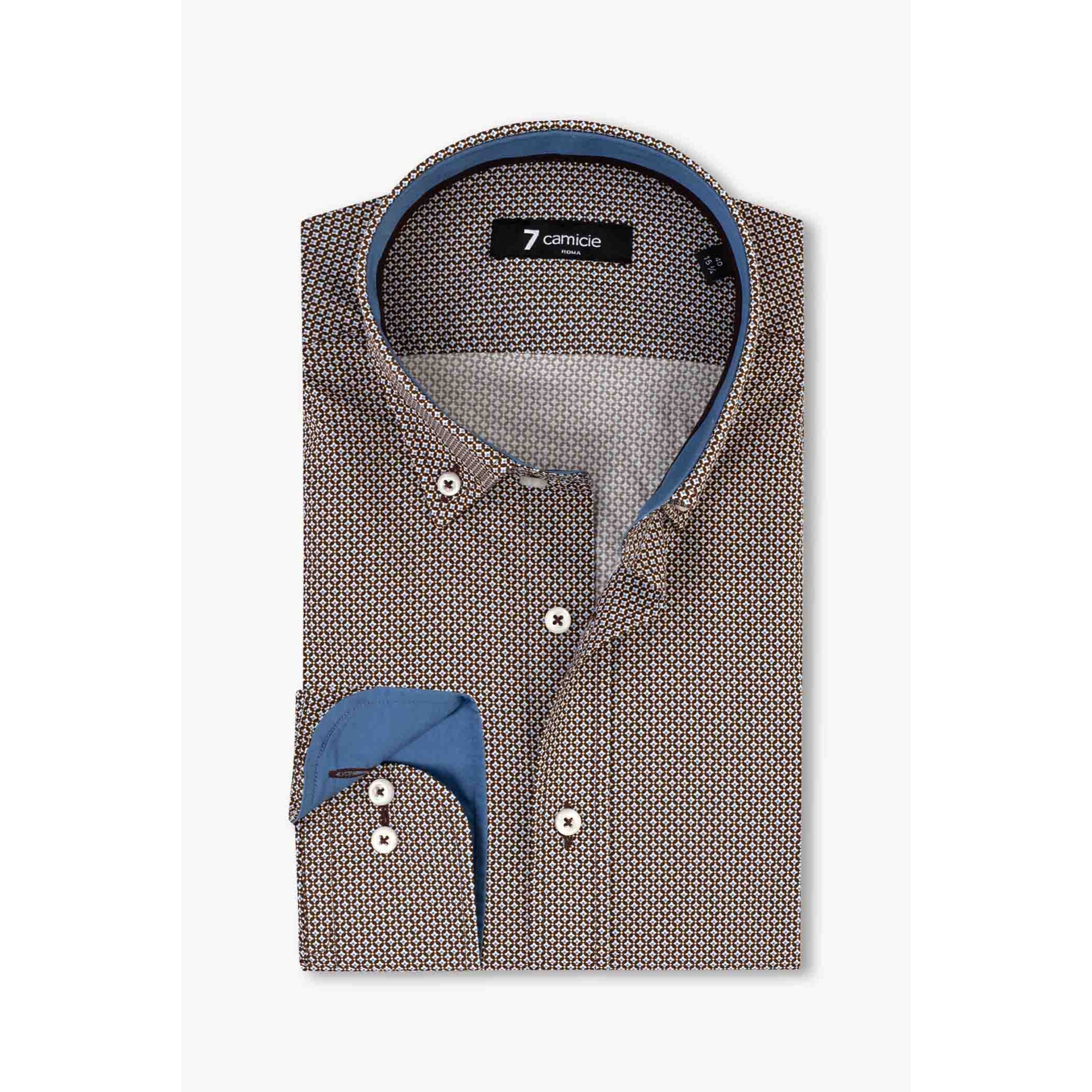 camicia uomo 1 bottone button down slim Popeline Stampato Marrone/Bianco