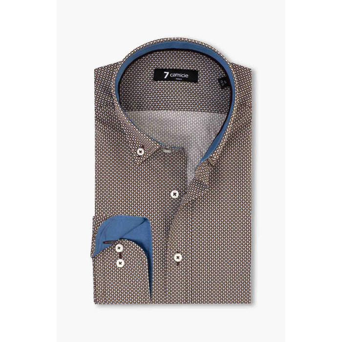 camicia uomo 1 bottone button down slim Popeline Stampato Marrone/Bianco