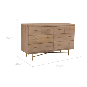 Commode 8 tiroirs en bois de manguier et pieds en métal doré - Bran