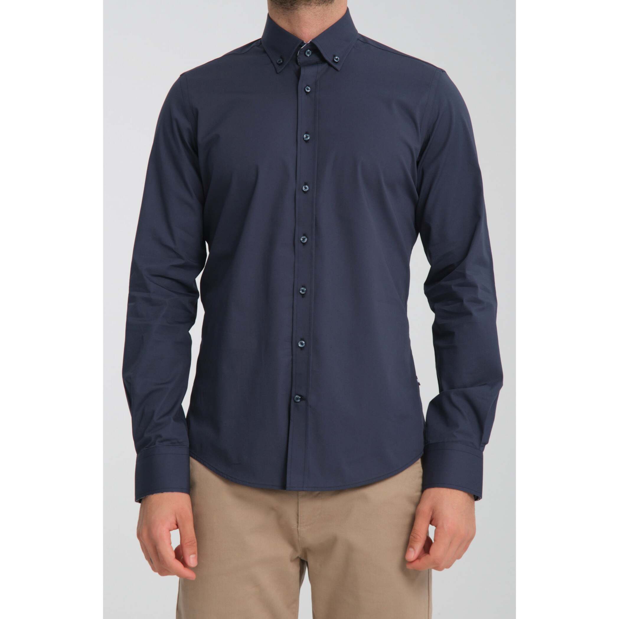 camicia uomo 1 bottone button down slim Popeline Stretch Unito Blu