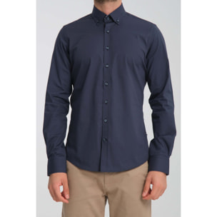 camicia uomo 1 bottone button down slim Popeline Stretch Unito Blu