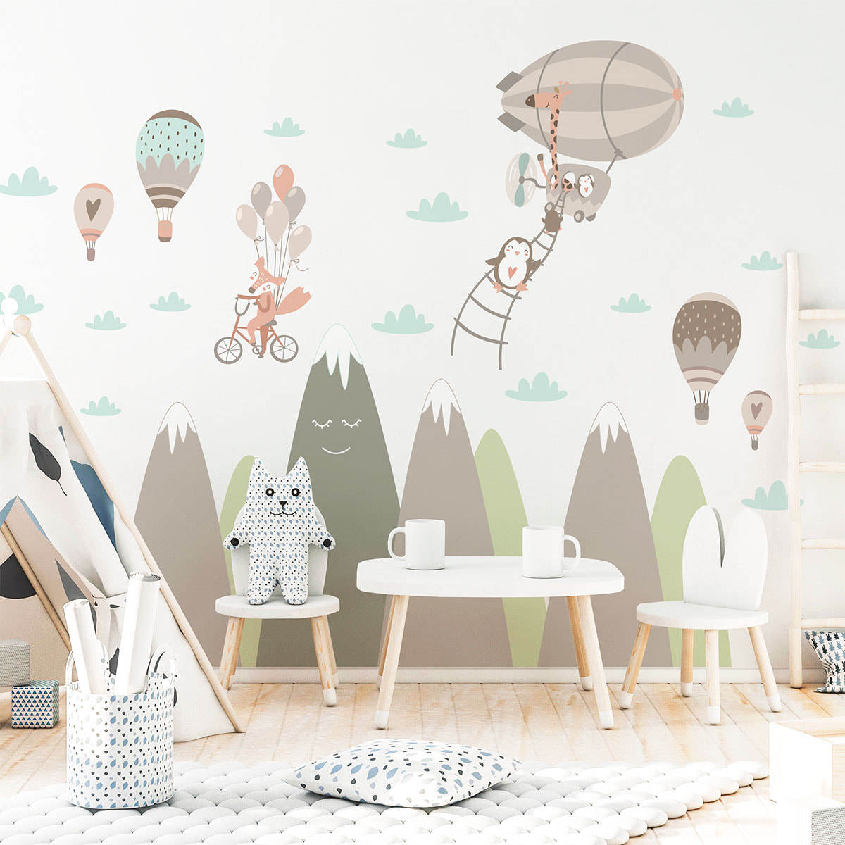 Stickers muraux enfants - Décoration chambre bébé - Autocollant Sticker mural géant enfant montagnes scandinaves ANIMAUX DRÔLES