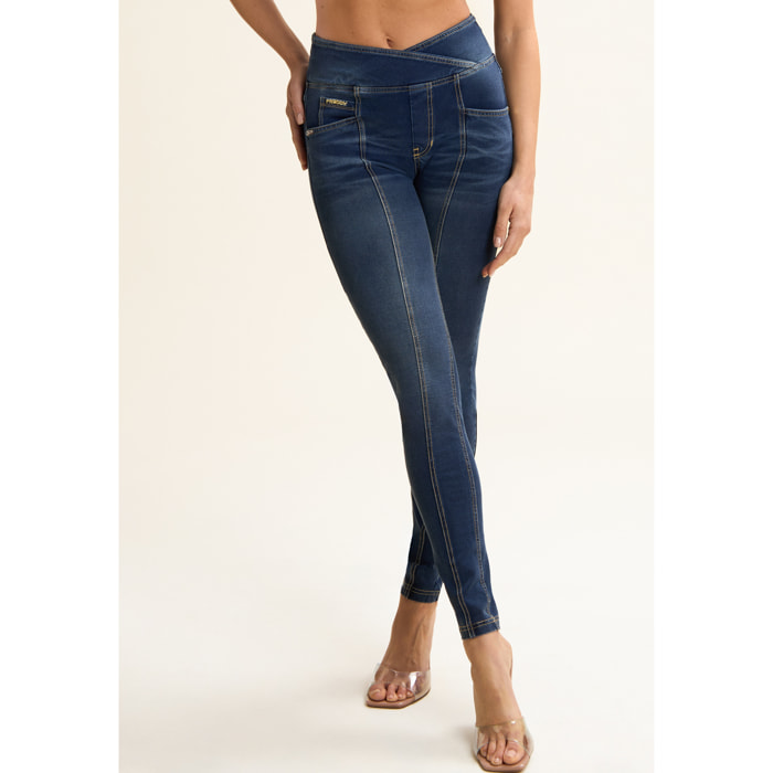 Pantaloni Vita Alta a incrocio in Jersey Denim effetto used