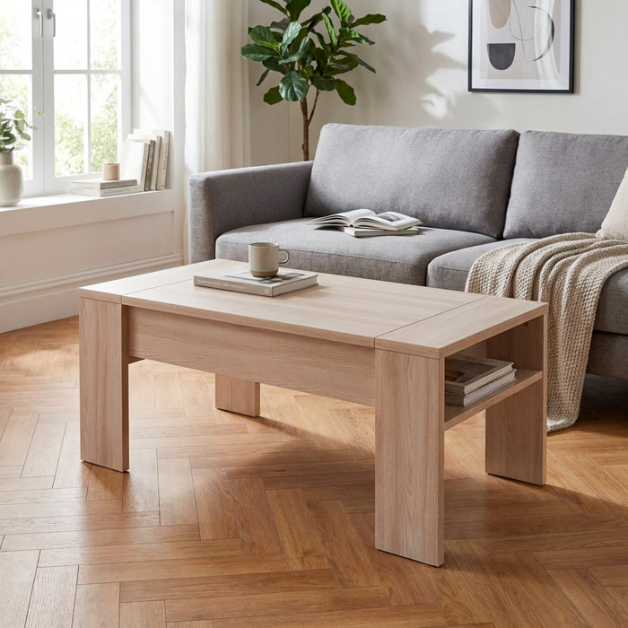 Tavolino Da Salotto Trasformabile Con Piano Sollevabile E Vano Contenitore Moderno Per Smart Working 98 x 50 x 43 Cm Colore Rovere Chiaro