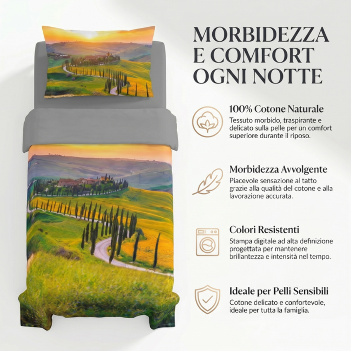 Completo lenzuola singolo in cotone con stampa alta qualità, set letto con lenzuolo sopra, sotto con angoli e federa, morbido e traspirante per pelli sensibili, resistente ai lavaggi, colori brillanti nel tempo, certificato OEKO-TEX, comfort quotidiano
