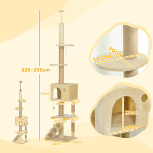 Árbol para Gatos de Suelo a Techo de 225-265 cm Árbol Rascador para Gatos con Altura Ajustable Múltiples Plataformas Escalera Bola Colgante Beige