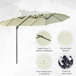 Parasol déporté grande taille XXL inclinable dim. 4,4L x 2,7l x 2,5H m piètement en acier inclus polyester crème