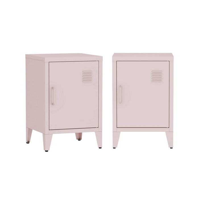 Lot de 2 tables de chevet en acier 1 porte. Rose. casier. L 38 x P 38 x H 55.7 cm