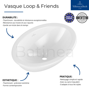 Vasque 66 x 47 ovale à poser Loop & Friends TitanCeram blanche avec trop plein