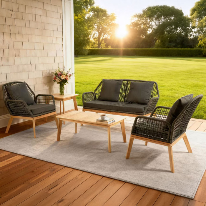EMILIO Salon de jardin 4 places en bois avec 2 tables gris anthracite et bois
