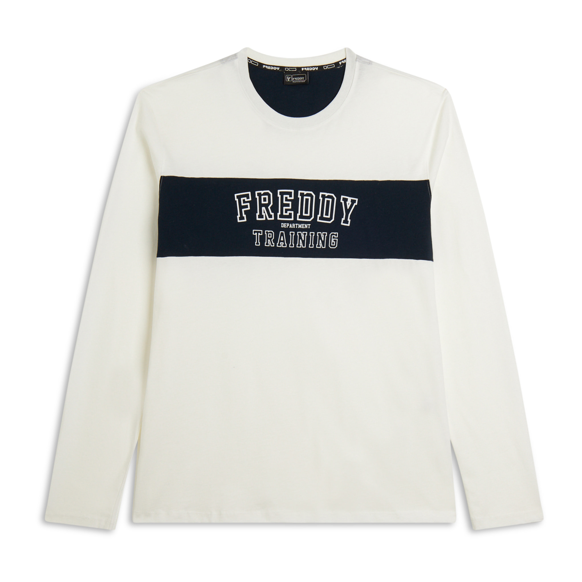 T-shirt manica luga con banda a contrasto e scritta college