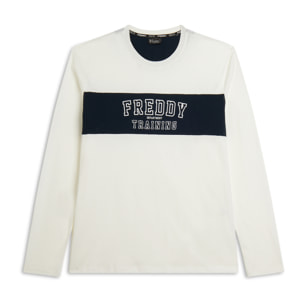 T-shirt manica luga con banda a contrasto e scritta college