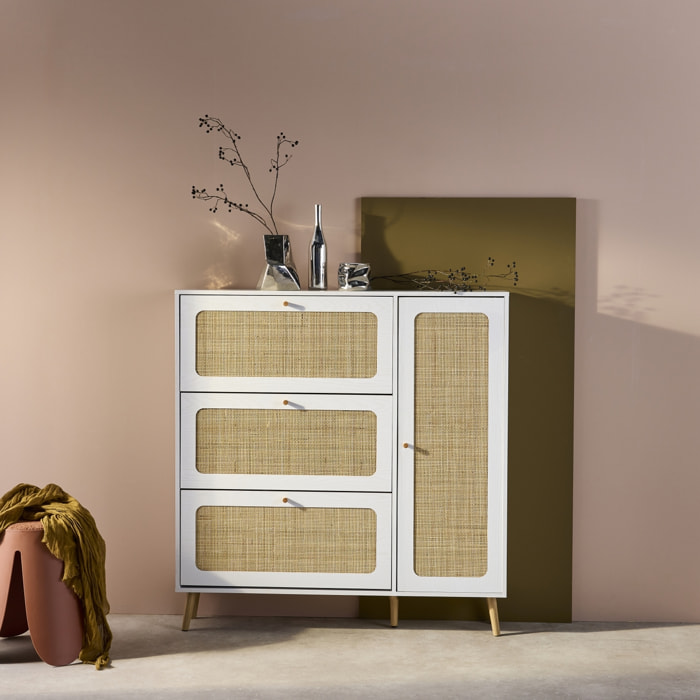 Meuble à chaussures décor bois et cannage 3 abattants 1 porte BOHÈME