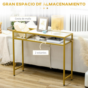 Mesa Consola Mesa de Entrada con Estante Cesta de Almacenamiento y Marco de Acero Mueble Recibidor para Salón Pasillo Carga 50 kg 100x30x80 cm Oro y Blanco