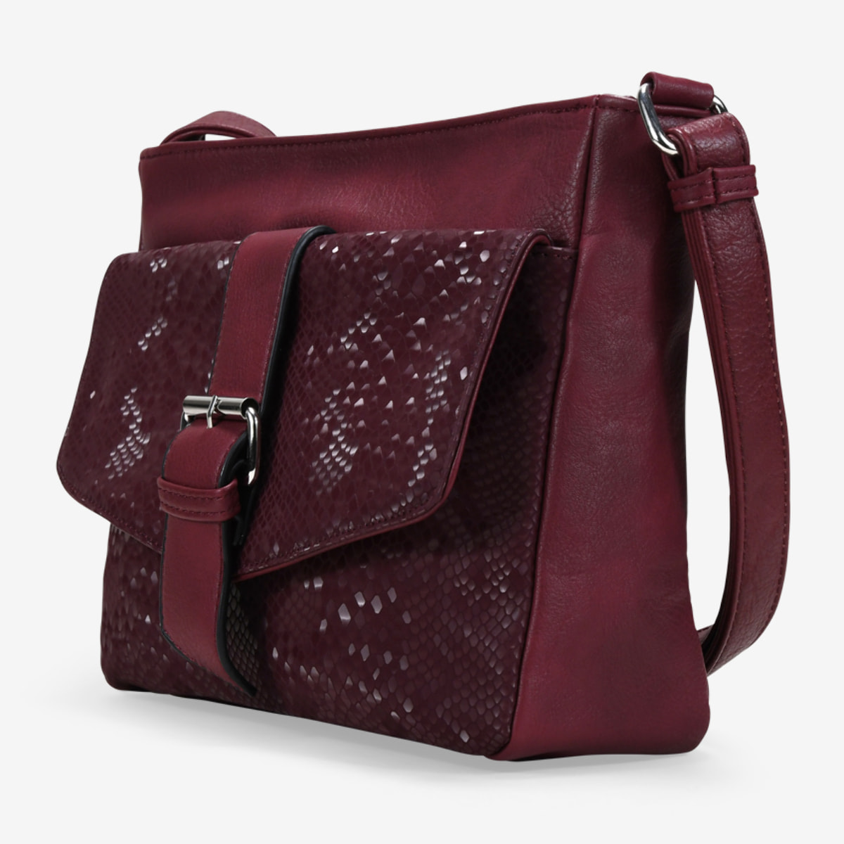 Bolso bandolera burdeos con solapa efecto serpiente