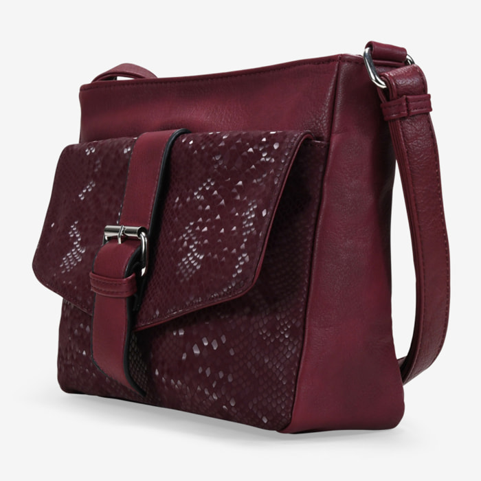 Bolso bandolera burdeos con solapa efecto serpiente