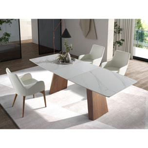Mesa comedor Angel Cerdá extensible ovalada barril con tapa de mármol porcelánico blanco con vetas en gris en acabado mate 180x90x76cm