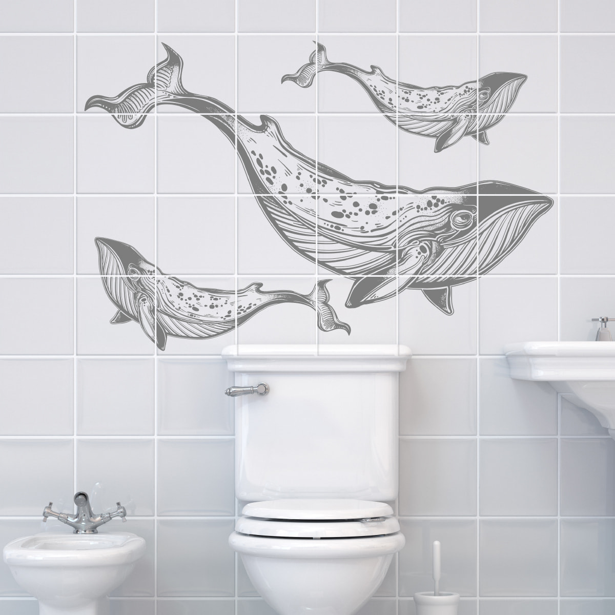 Stickers muraux - Sticker Mural Carrelage adhésif Cuisine Salle de Bain - 24 STICKERS CARREAUX DE CIMENT BALEINES