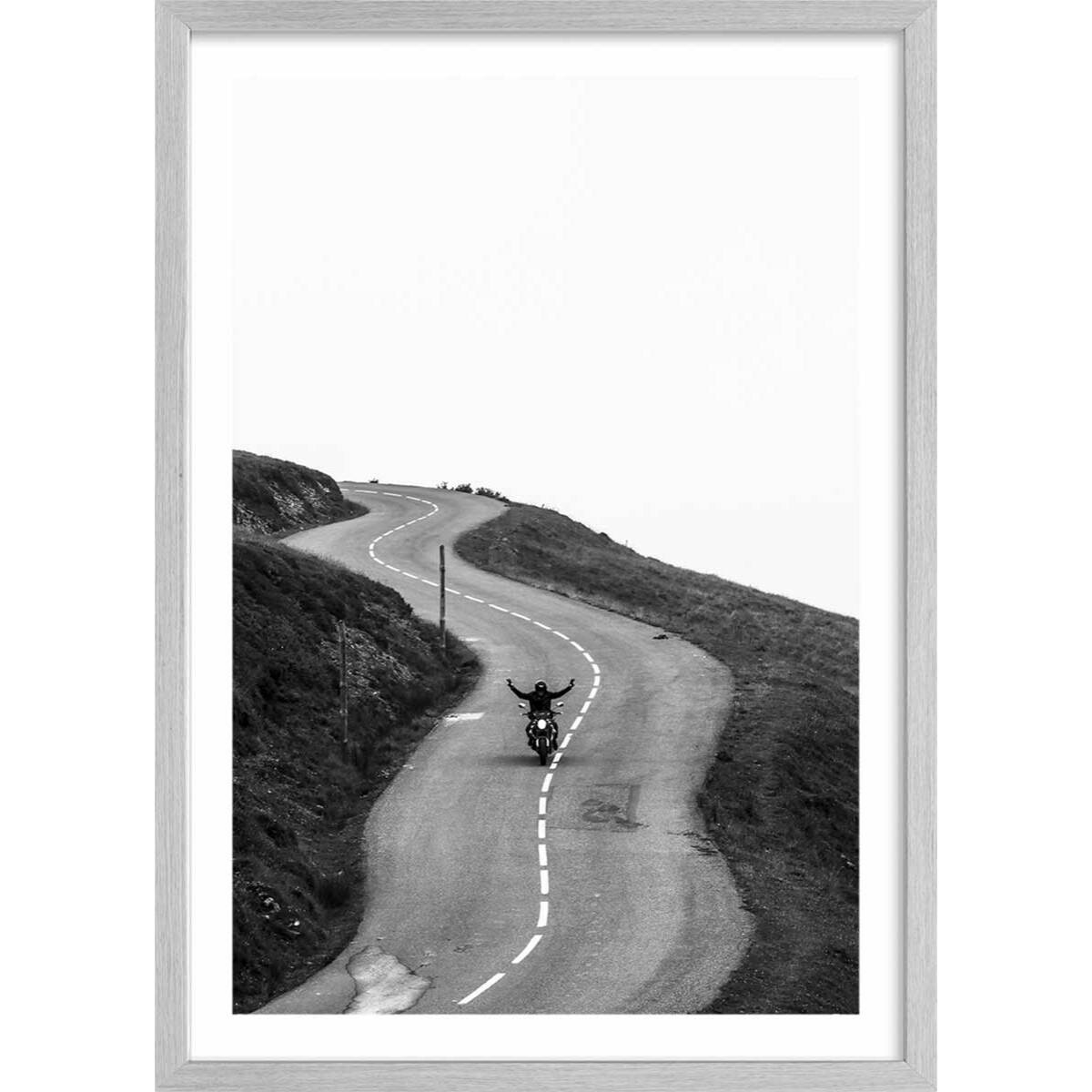 Affiche  balade solitaire en moto Affiche + cadre en bois - Chêne