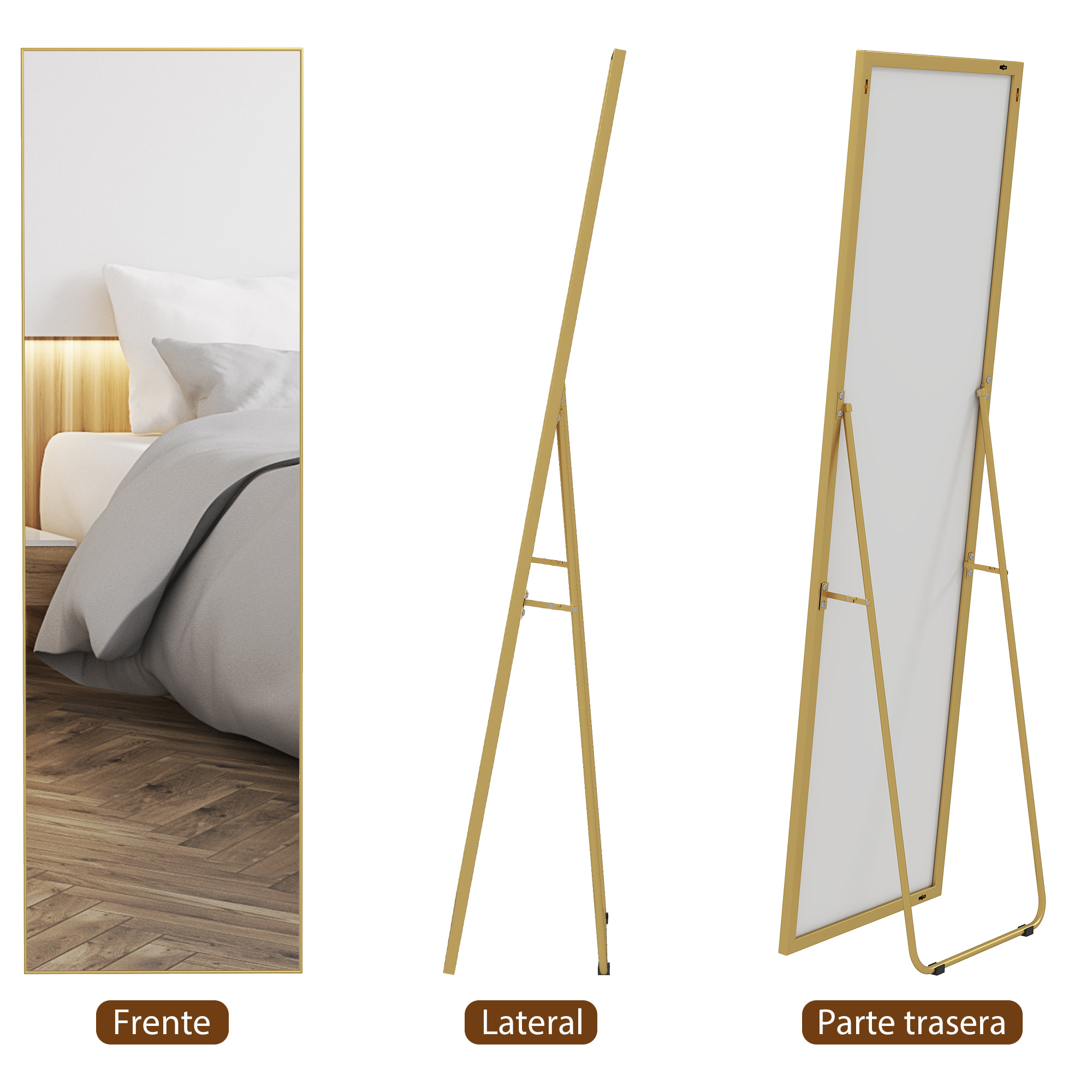 Espejo de Pie Cuerpo Entero con Marco de Aleación de Aluminio Espejo de Pared Rectangular con 2 Formas de Uso para Pasillo Dormitorio Salón 50x161,5x2 cm Dorado