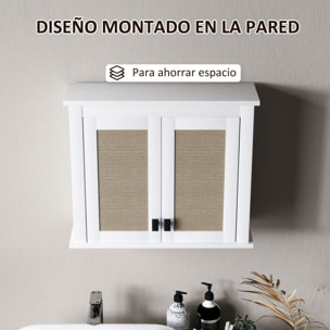 Armario de Pared para Baño Multiusos Mueble de Baño Suspendido Armario Colgante de Almacenamiento con 2 Puertas de Ratán PE Estante Ajustable 60x19,5x49,4 cm Blanco