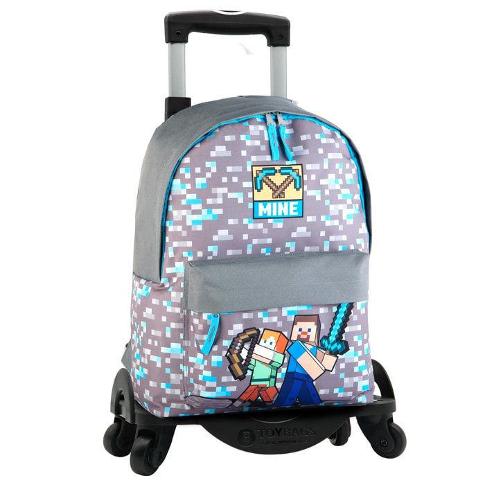 Minecraft Warriors mochila Americano con compartimento portalaptop + carro con protección lateral y stoper frontal, 4 ruedas multidireccionales.