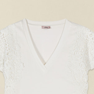 Oltre - Camiseta escote en V con encaje - Blanco