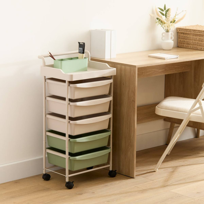 Tour rangement 5 tiroirs Deskolor avec roues beige et vert
