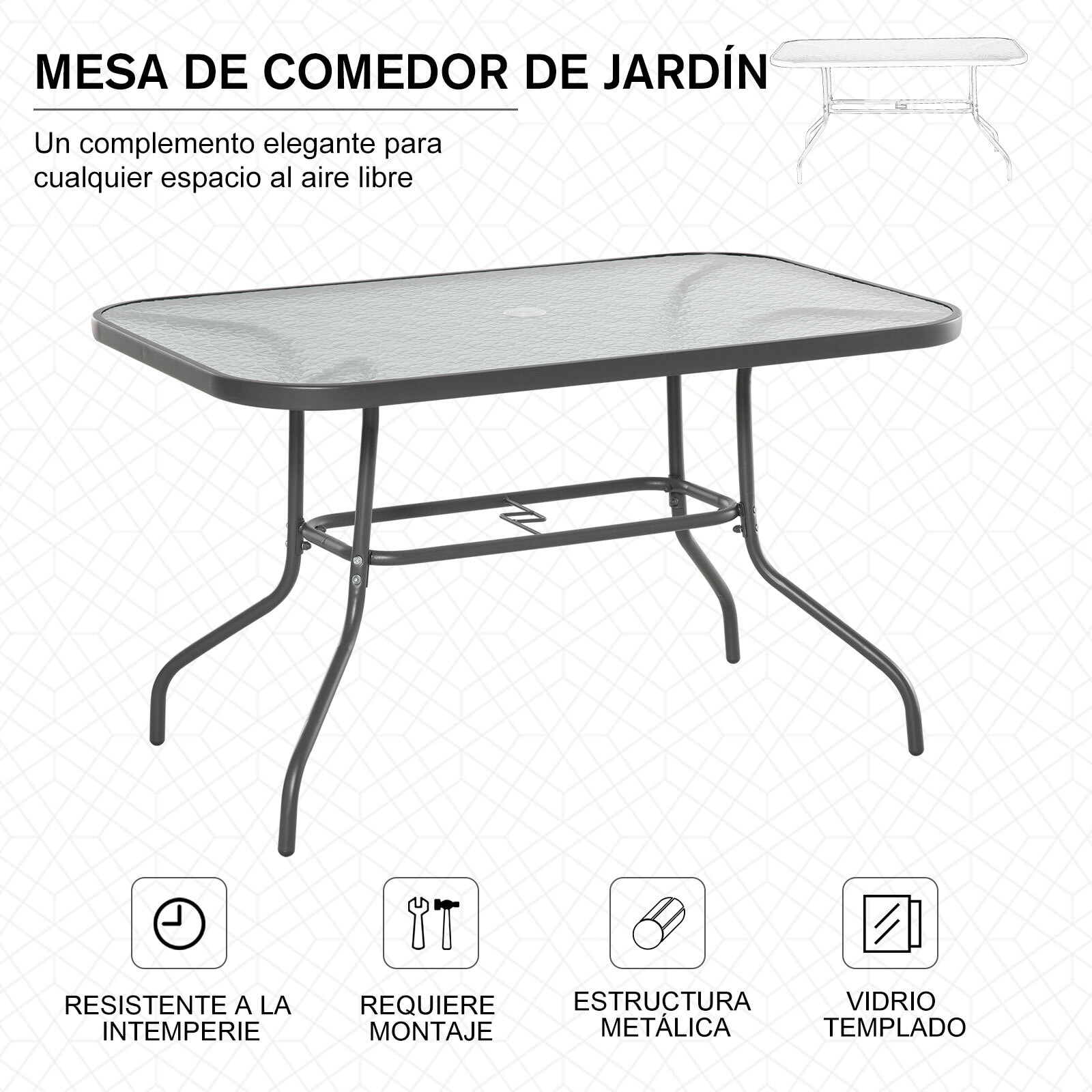 Mesa de Jardín Exterior Rectangular de Metal Orificio para Sombrilla 120x80x70cm