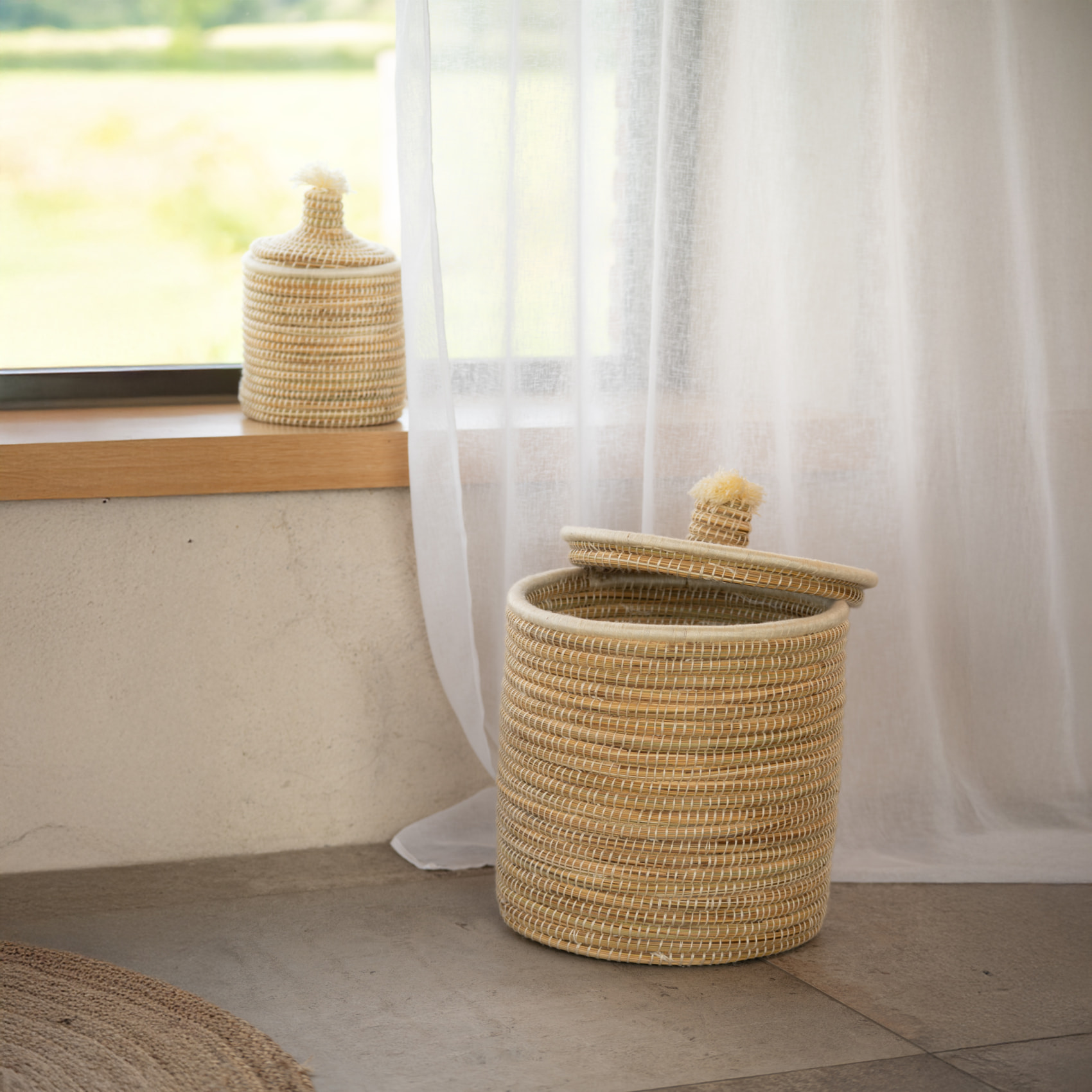 Panier à linge en fibres naturelles et laine - Blanc