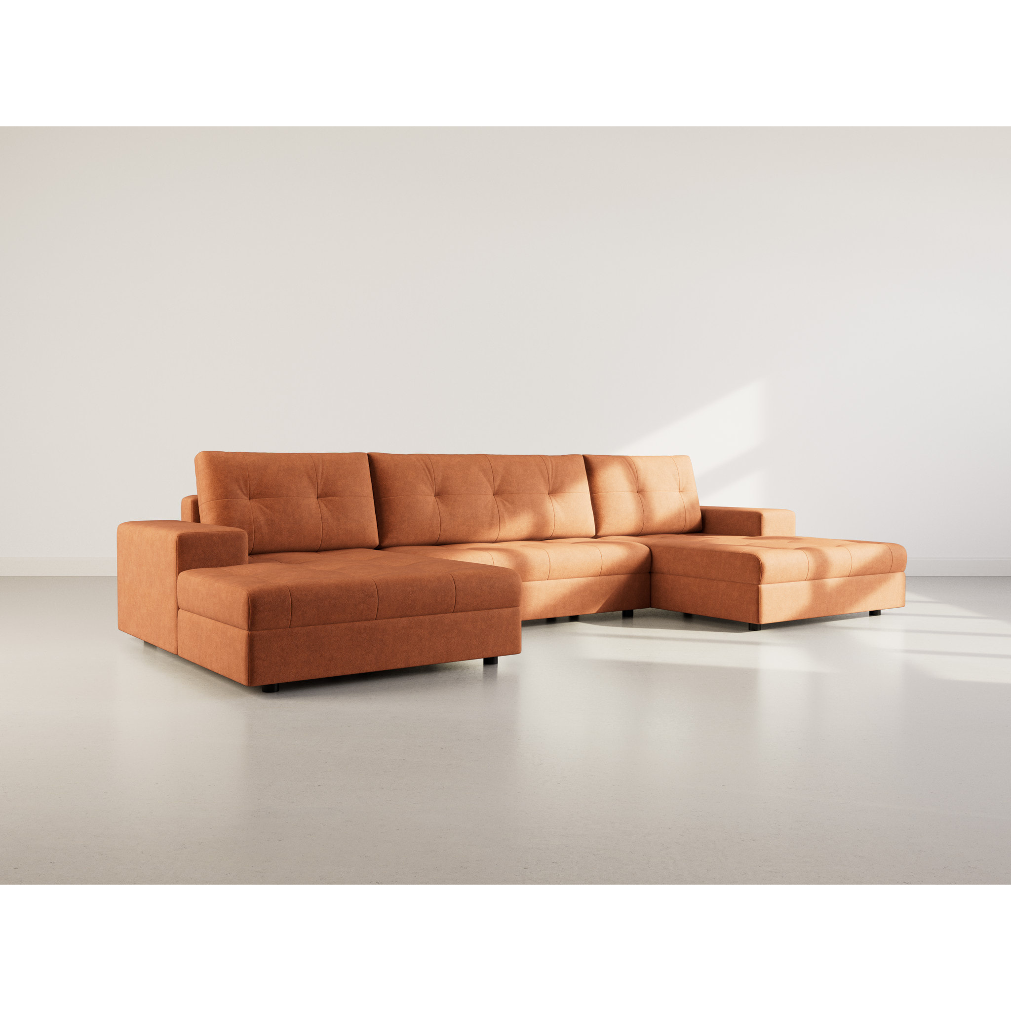 Bastian - canapé panoramique en U 7 places convertible avec coffre en velours texturé - Terracotta