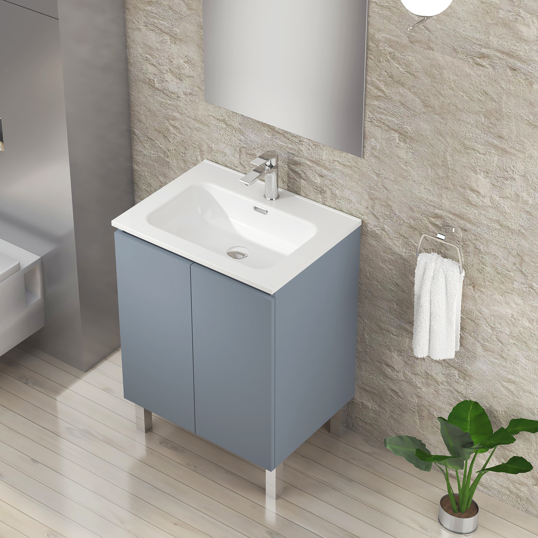 Ensemble de Salle de Bain Lust | 60 cm Bleu | Deux Portes | Lavabo Encastré | N'inclut pas le Miroir | Meuble Assemblé | Alday