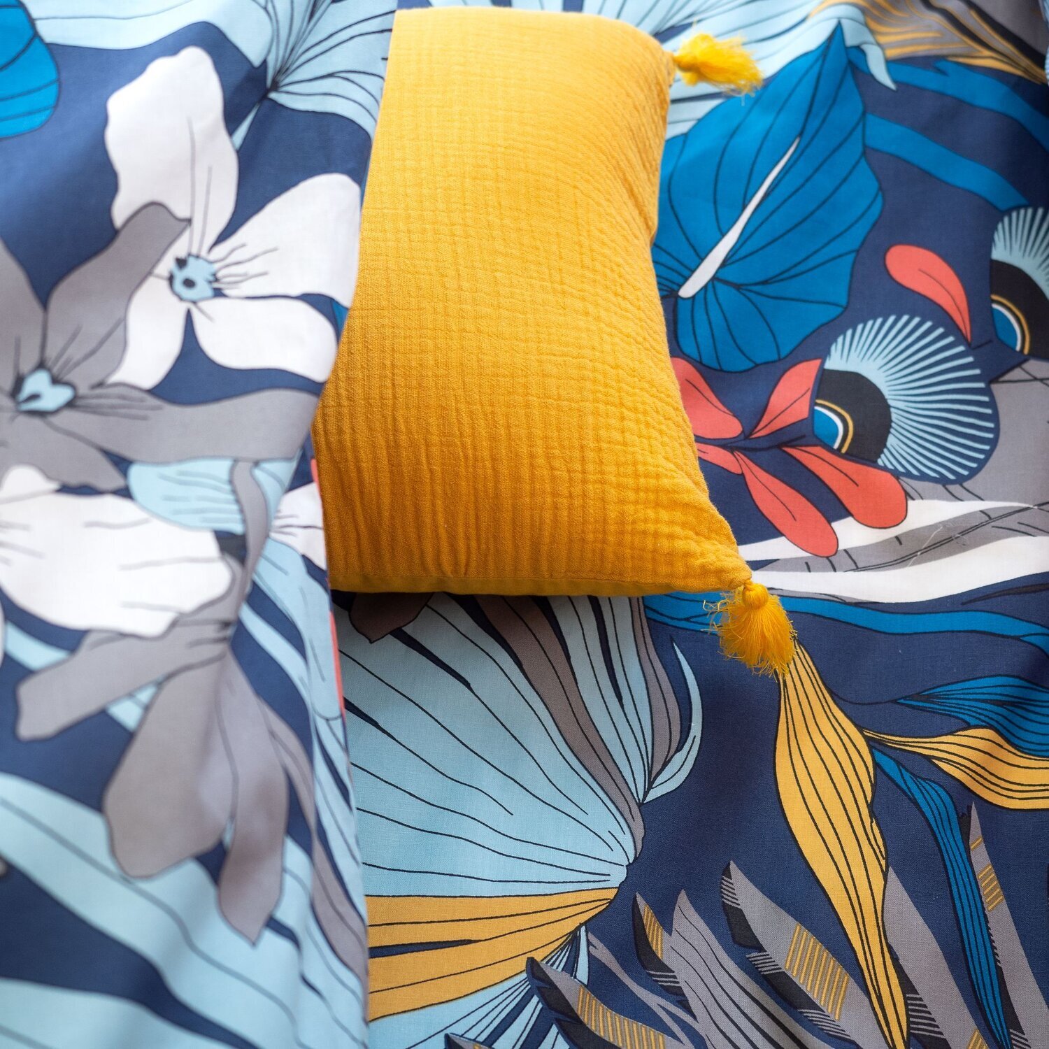 Parure housse de couette satin de coton bleu