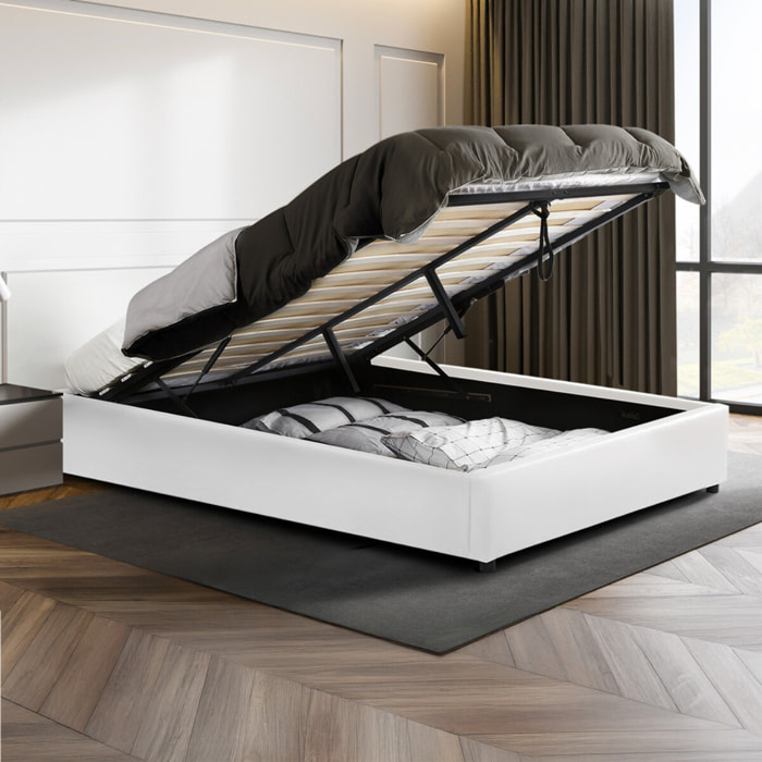 Lit coffre Otto en similicuir blanc avec sommier 140x190cm